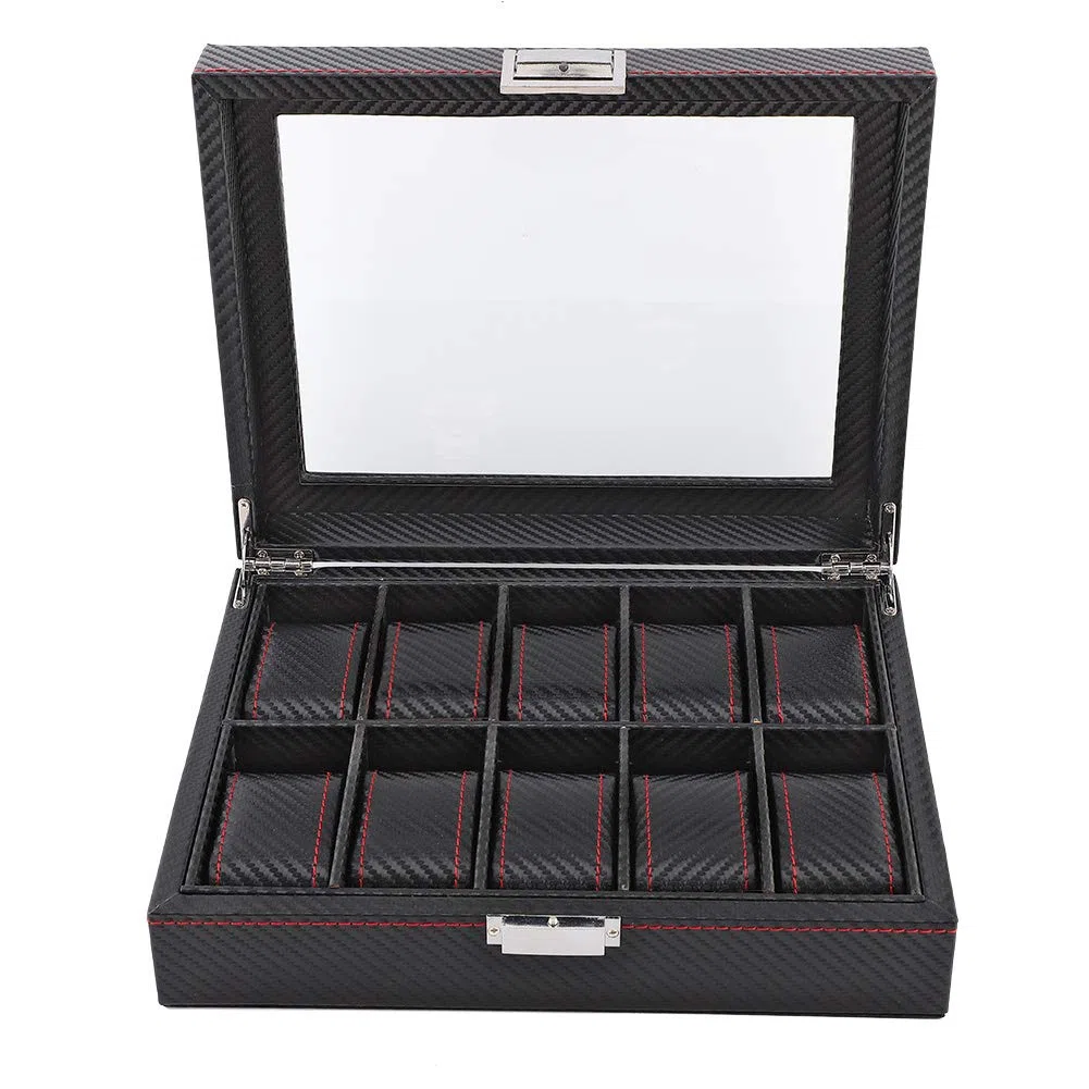 Organizador de Almacenamiento de Exhibición de Caja de Reloj con 10 Ranuras de Fibra de Carbono para Tocador Negro 11 * 8,7 * 3,4 Pulgadas