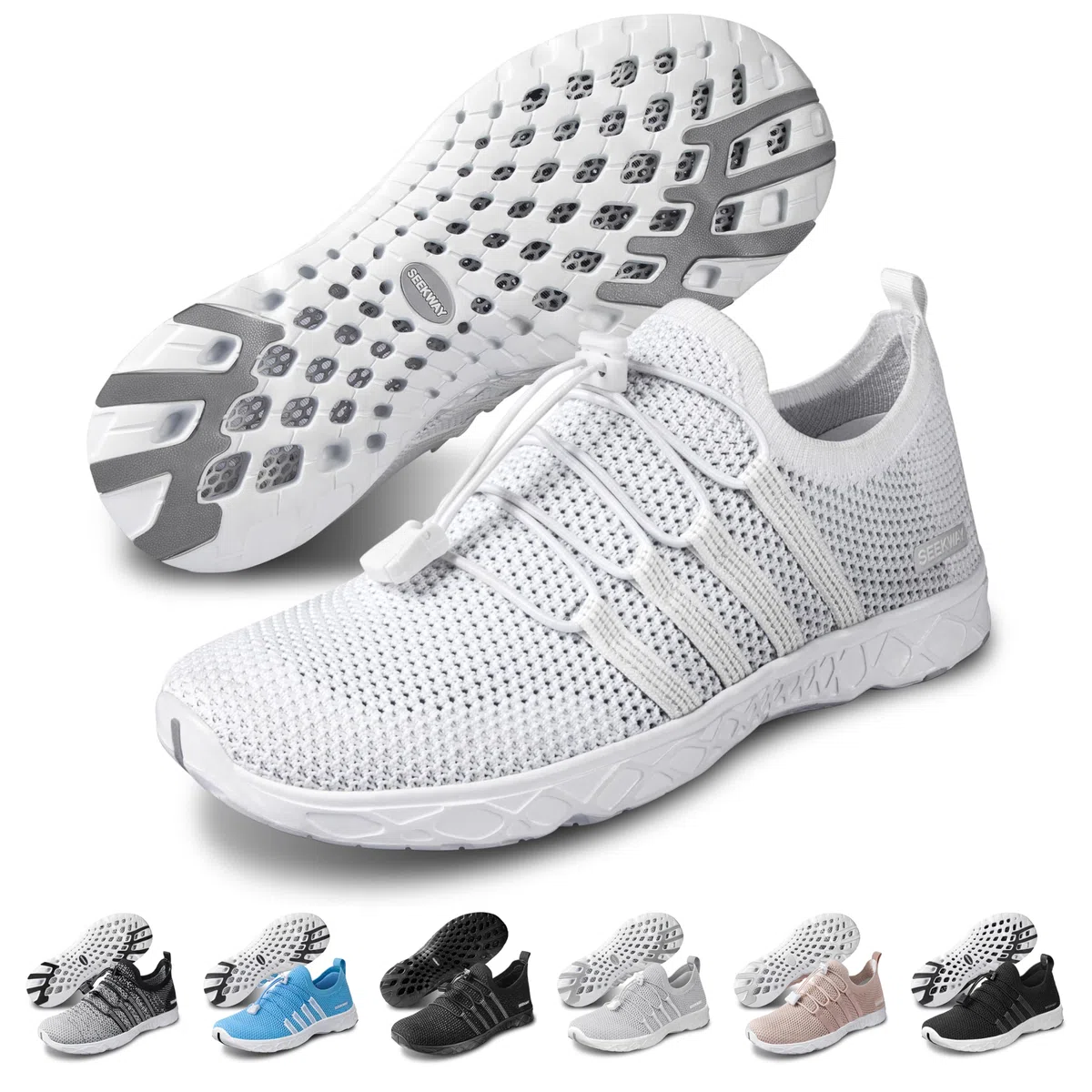 SEEKWAY Zapatos de agua para mujer, secado rápido, descalzo, acuático, atlético, para natación, piscina, playa, senderismo, surf, yoga, caminar, deportes acuáticos, SP005, 2d-flyknit Blanco, 36 EU