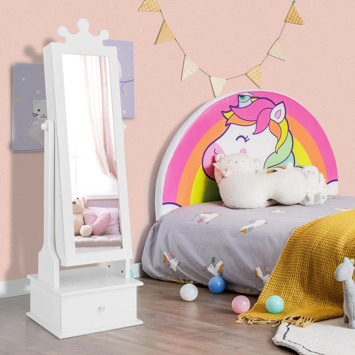 GOPLUS - Armario de joyería infantil con espejo de longitud completa, organizador de joyas con 3 cajones y 4 estantes de almacenamiento, 13 ganchos y 18 ranuras para pendientes, rosa (blanco)