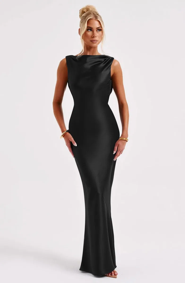 Memoriesea Elegante vestido largo sin mangas con cuello alto para mujer, para cóctel, boda, fiesta