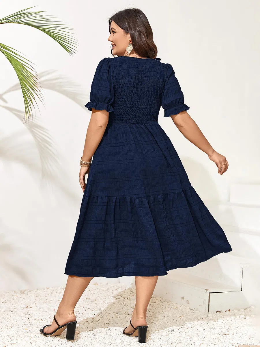 SCOMCHIC Vestidos de Verano para Mujer, Talla Grande, Casual, Manga Corta, Cuello Redondo, Fruncido, con Volantes, Bohemio, para Fiesta, Azul Marino, XXL Más