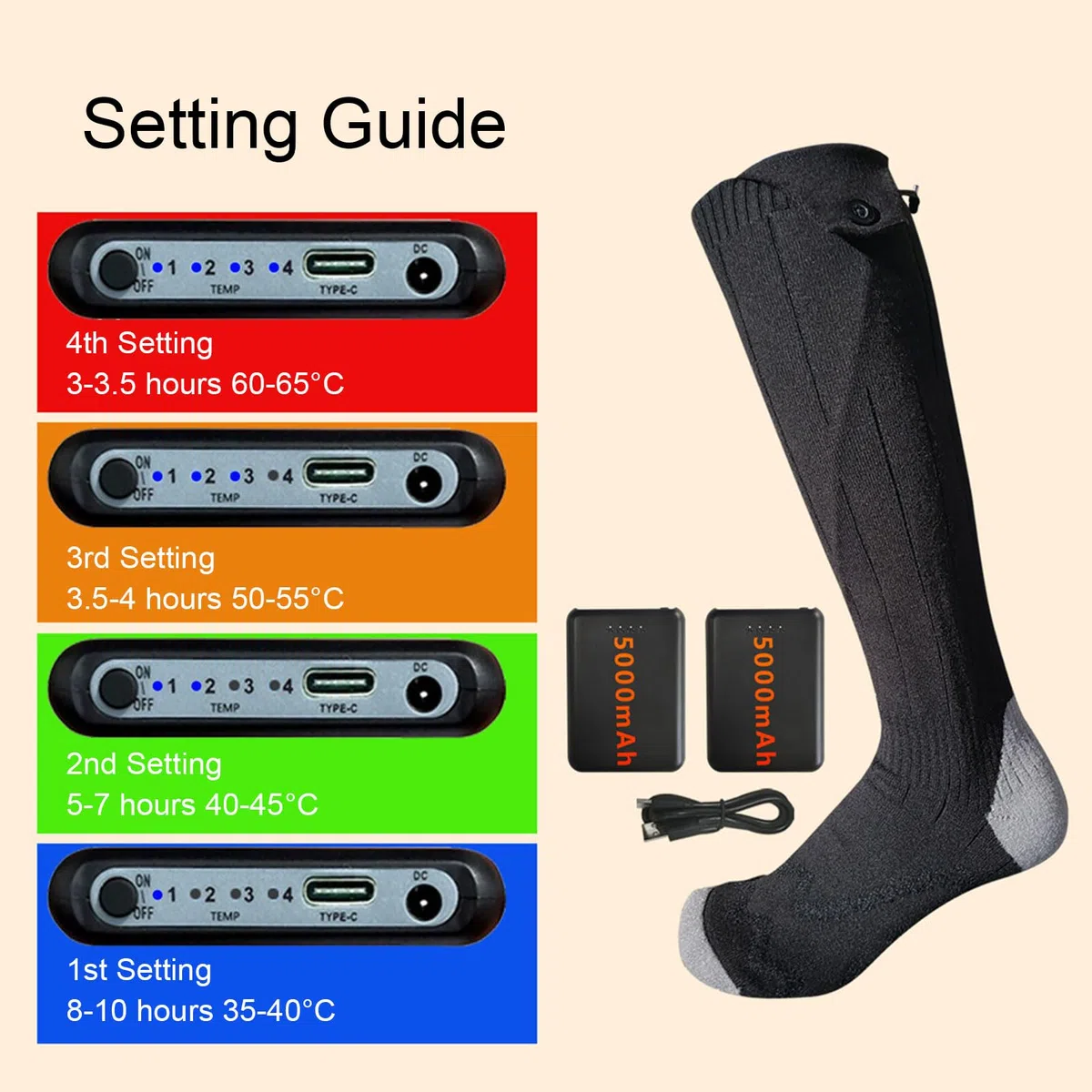 Tosuny Calcetines Negros Calentados, Lavables, con Pilas Recargables, con Ajustes de Temperatura Ajustables para Esquiar Al Aire Libre