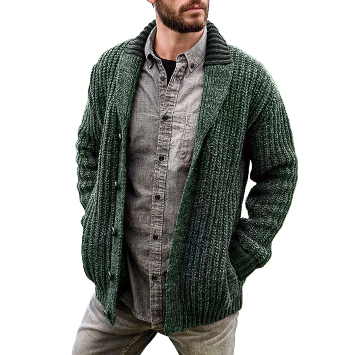 Cardigan Hombre Punto, Chaqueta De Punto Elegante Hombre Manga Larga Cuello De Chal Informal Prendas De Punto con Botones Sobreabrigo De Solapa Cárdigan Liso Jersey Suéter Otoño Invierno