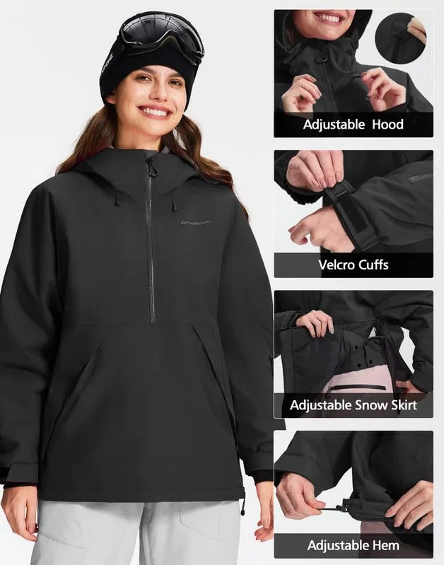 Pioneer Camp Chaqueta de snowboard para mujer, impermeable, cortavientos, transpirable, cálida, con capucha y paranieves desmontable, chaqueta de esquí funcional para esquí y snowboard