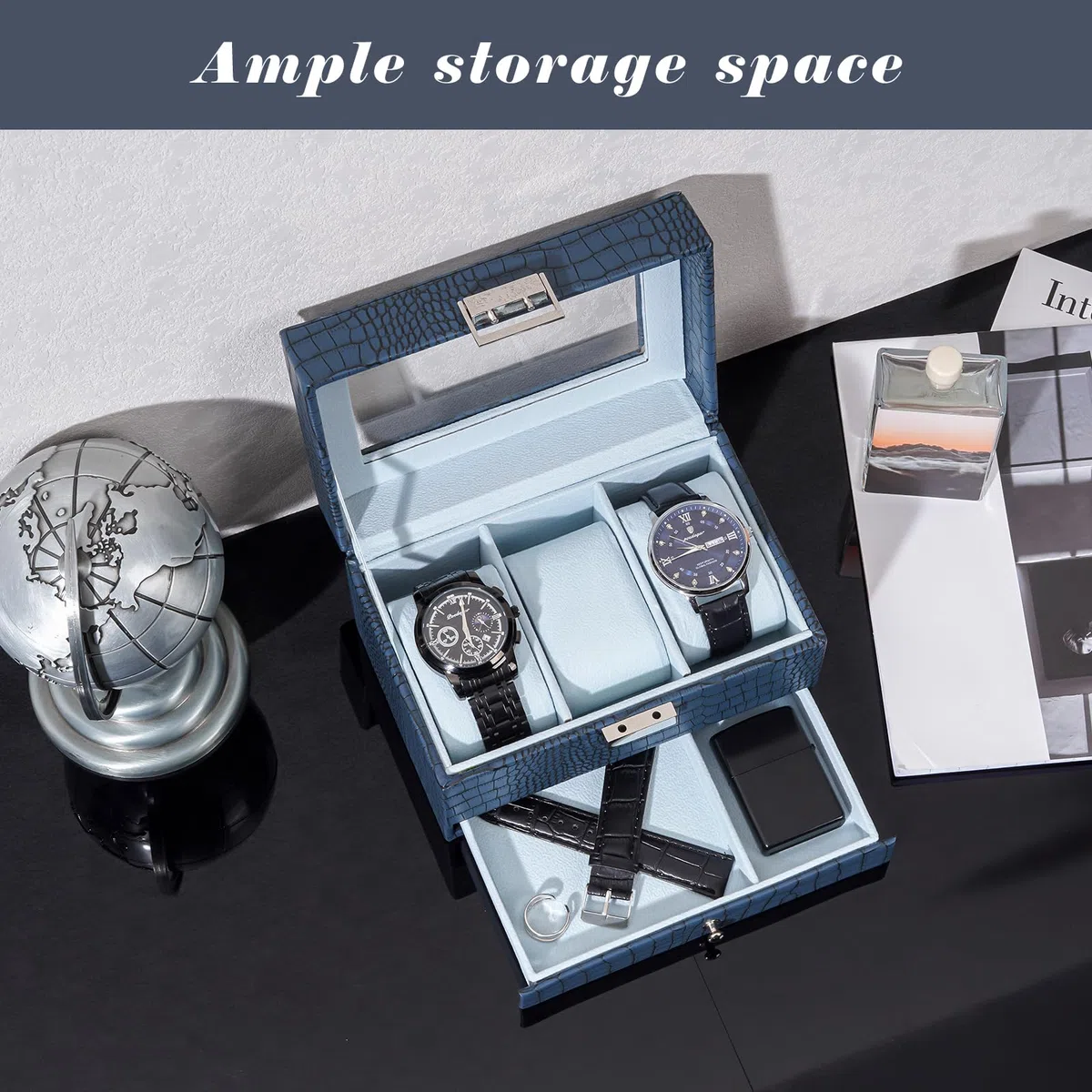 Caja para relojes para hombre, estuche de exhibición de 3 ranuras con cajón, estuche para relojes de hombre con tapa de cristal, organizador de almacenamiento de joyas y relojes de 2 capas p
