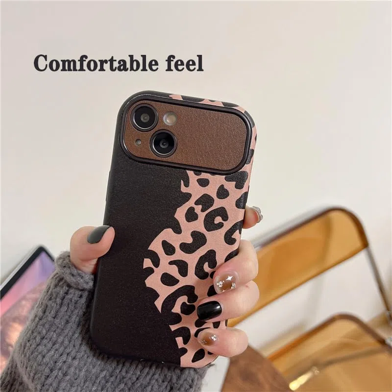 Funda Delgada para iPhone 15 Pro Max/15 Pro/15, Moda Leopardo Estampado Patrón Cuero Carcasa, Cámara Lente Protección Cubierta,Negro,15
