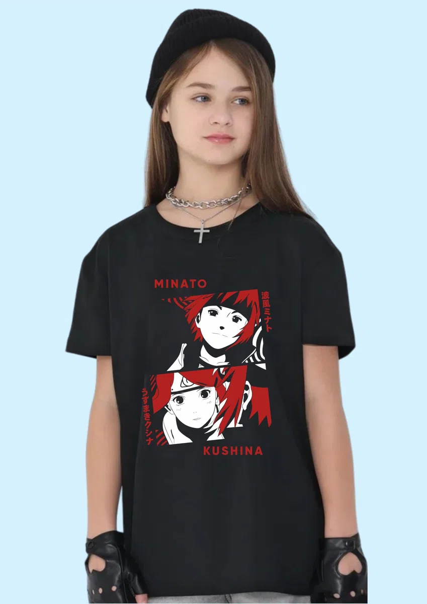 Uniplanet Store Camiseta negra de mezcla de algodón, media manga, ajuste regular, espalda anime, estampado Minato, color negro, negro, 7-8 a�os