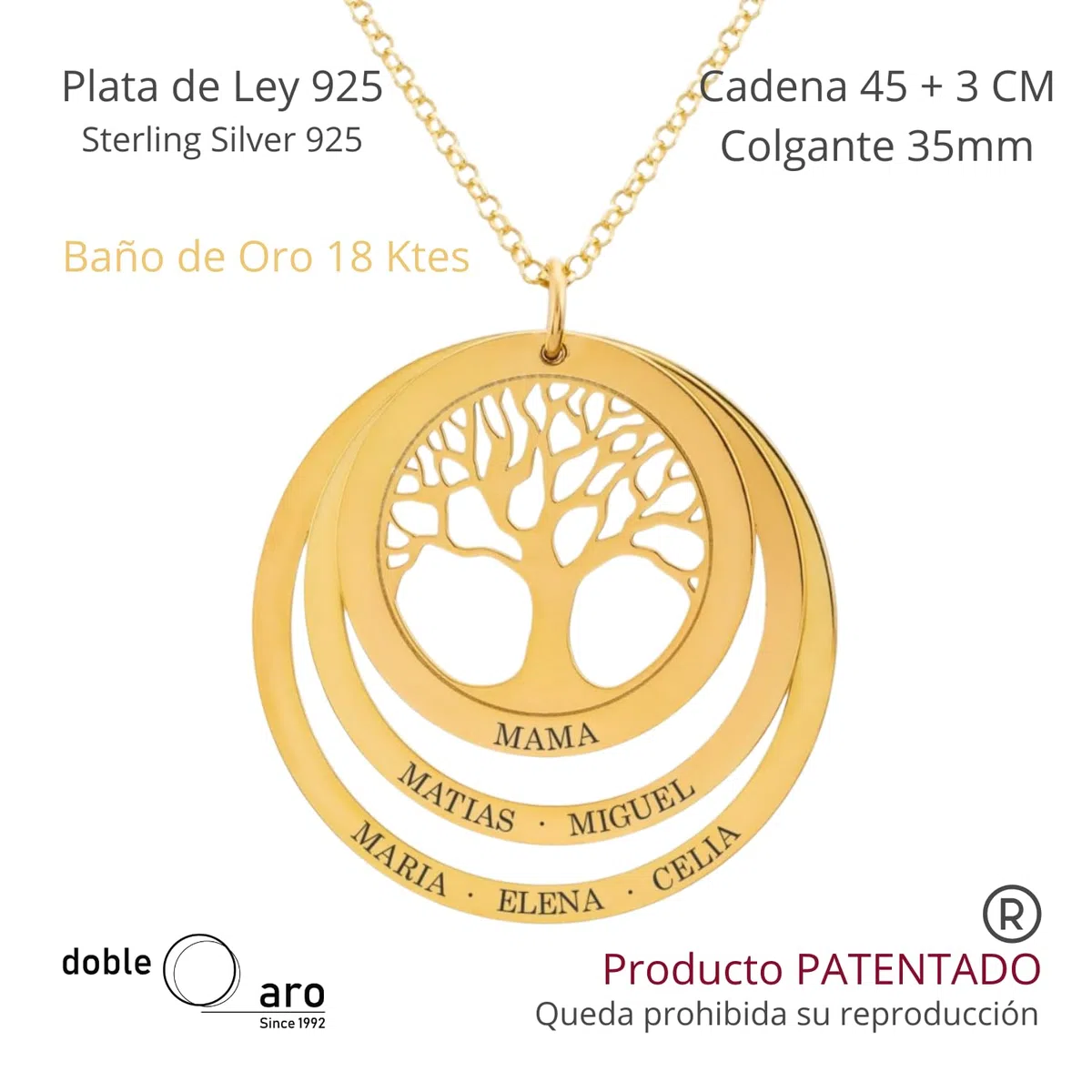 Collar Arbol de la Vida Personalizado para Mujer en Plata de Ley - con Cadena de 45 cm + Alargador - Regalo Original para Madres y Abuelas