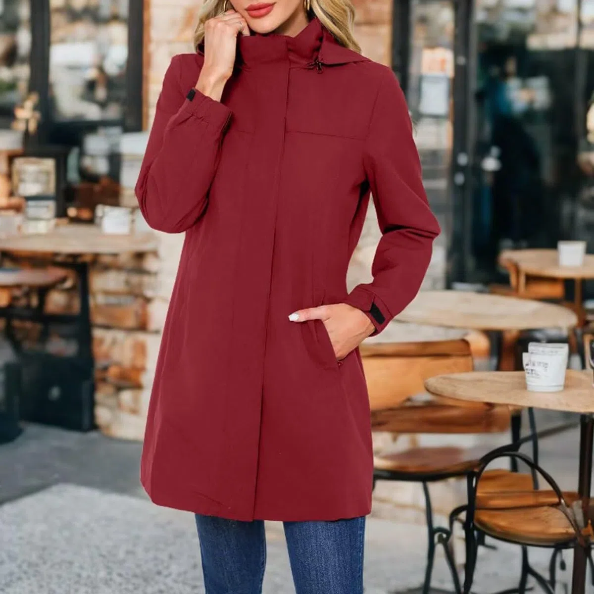 Generisch Poncho de lluvia para mujer, largo, impermeable, con capucha, transpirable, cortavientos, chaqueta de manga larga con cremallera, chaqueta ligera para el tiempo libre
