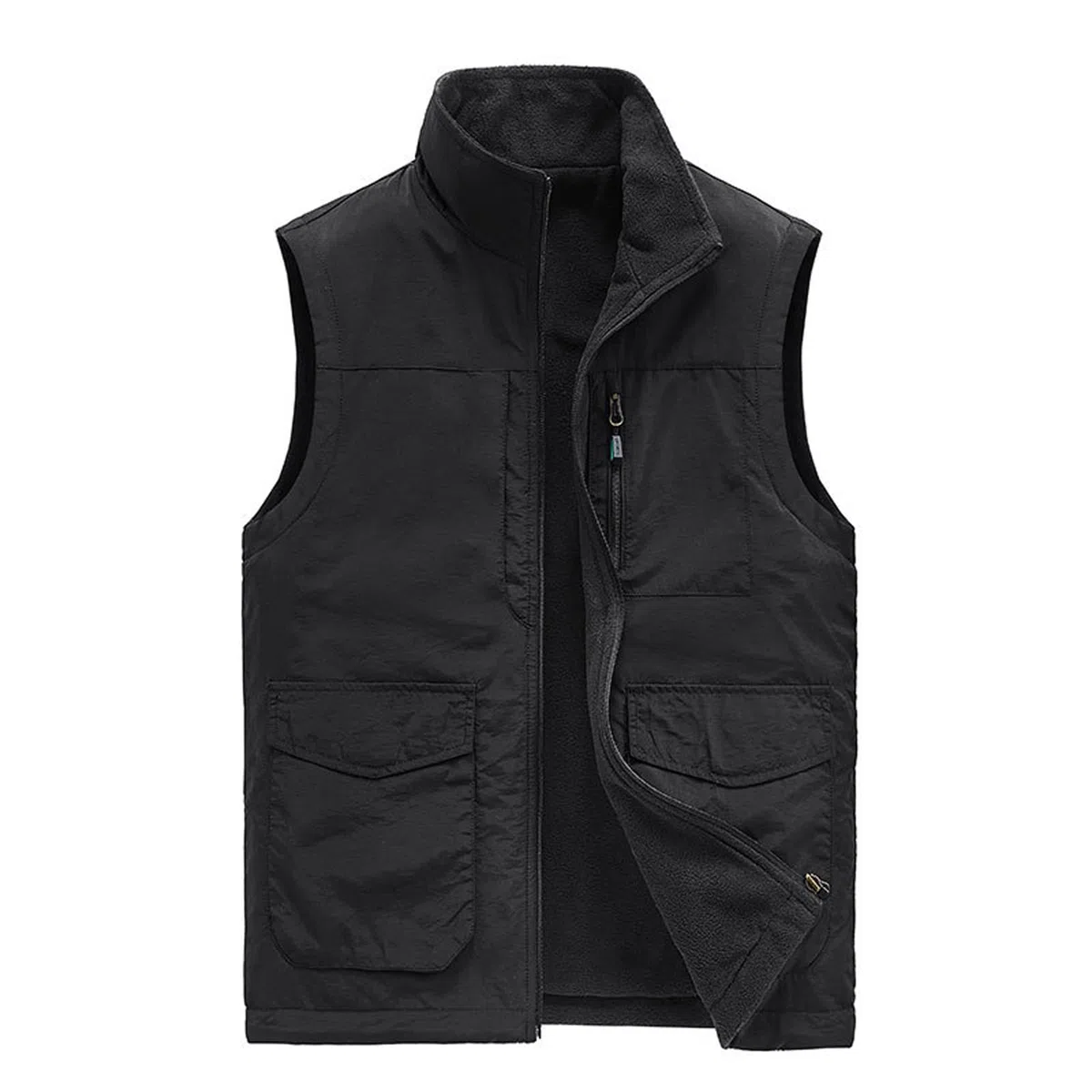 Chaleco de forro polar reversible con múltiples bolsillos para hombre Outwear al aire libre Casual Zip Up Chaleco de pesca Chaqueta Reporteros Fotografía Abrigo de viaje negro-L