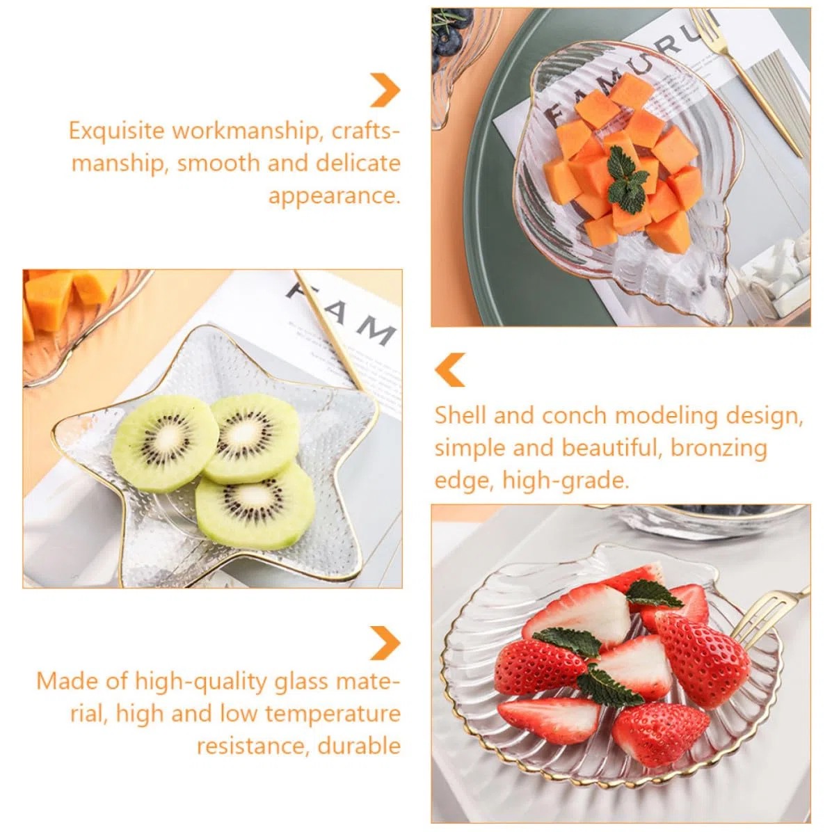 Genérico Bandejas Transparentes Doradas para Joyas y Frutas, Juego de 4 Piezas Diseño Marino, Bandeja Multiusos de Vidrio para Exhibición y Almacenamiento en Hogar, Hotel y Restaurante