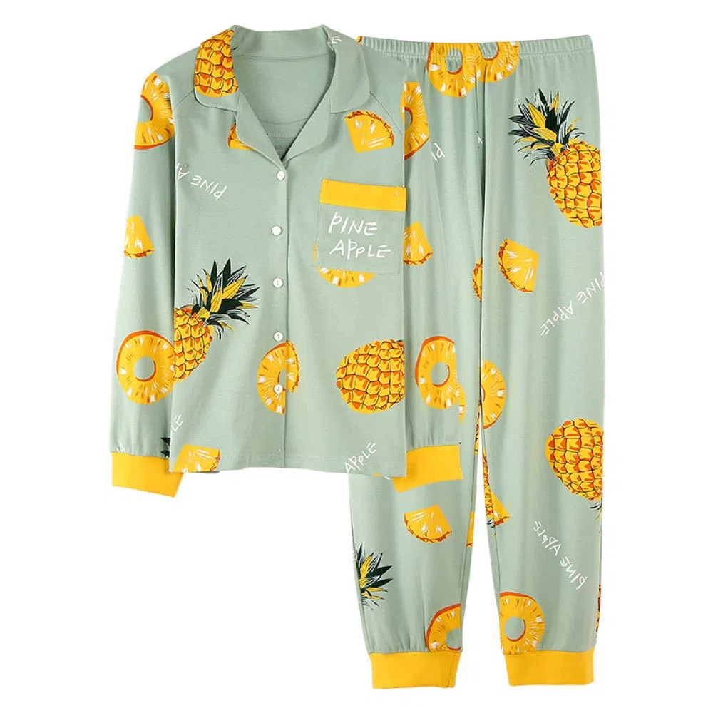 Conjunto De Pijamas De Mujer,Conjunto De Pijama De Manga Larga Algodón Estampado De Piña Lindo Botones Ropa De Dormir Tops & Bottom Pjs Set Nightwear Loungewear Para Todas Las Estaciones, Verde, 3Xl