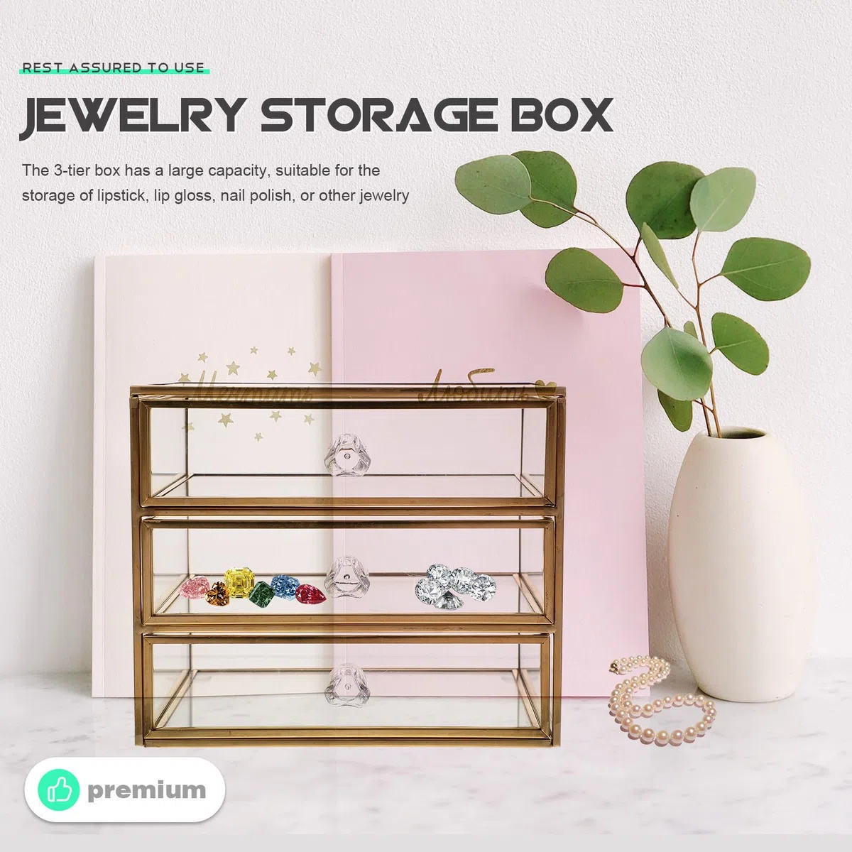 Estuche de Almacenamiento de Maquillaje Estructura de Aleación y Vidrio Diseño Transparente 3 Niveles Cajones Dorado para Joyas y Cosméticos
