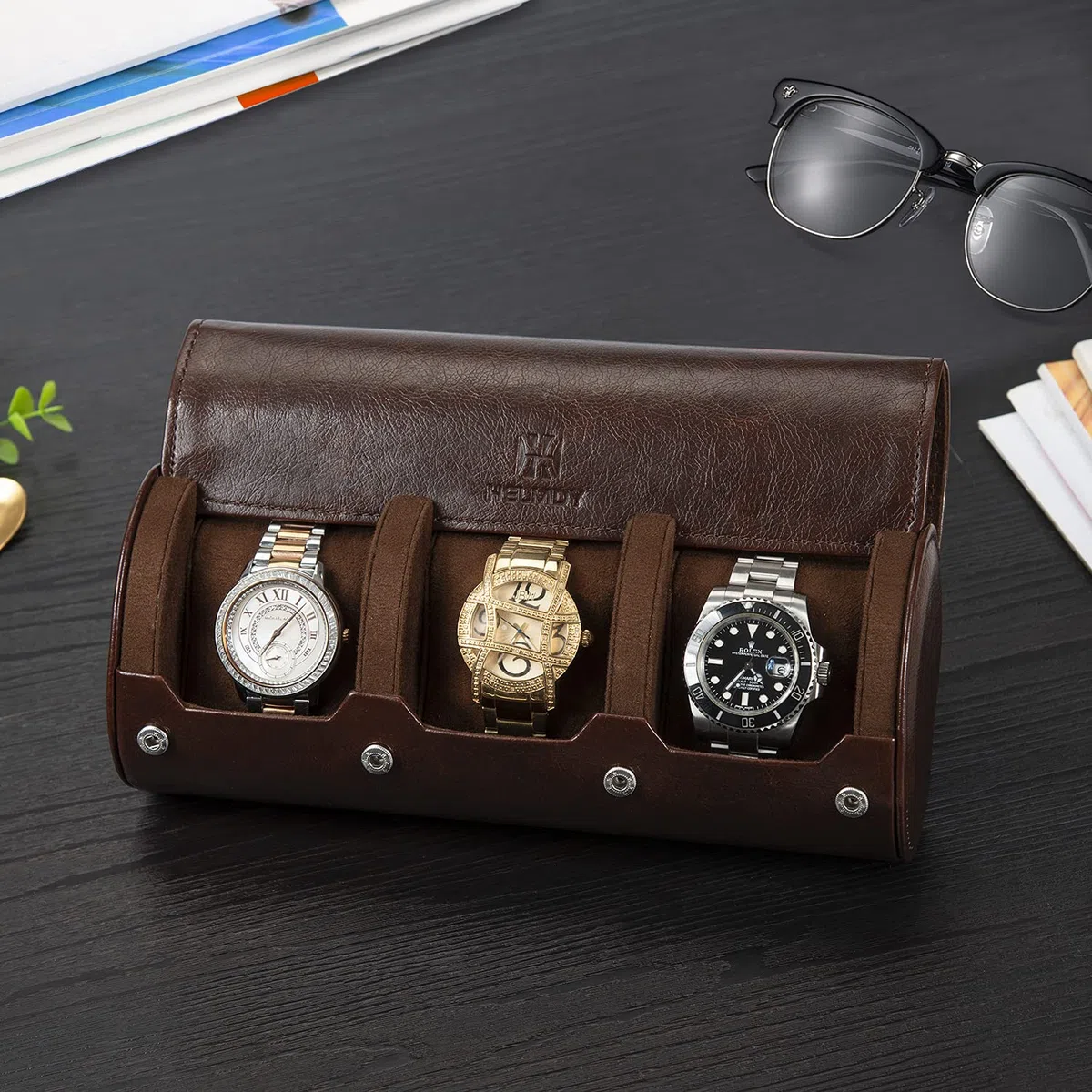 Cajas para Relojes de 3 Ranuras, Caja Relojes Organizador Joyero Estuche Estuche de Cuero de PU para Hombres y Mujeres, para Guardar Organizador Watch Estuche de Viaje para Relojes(Marrón)