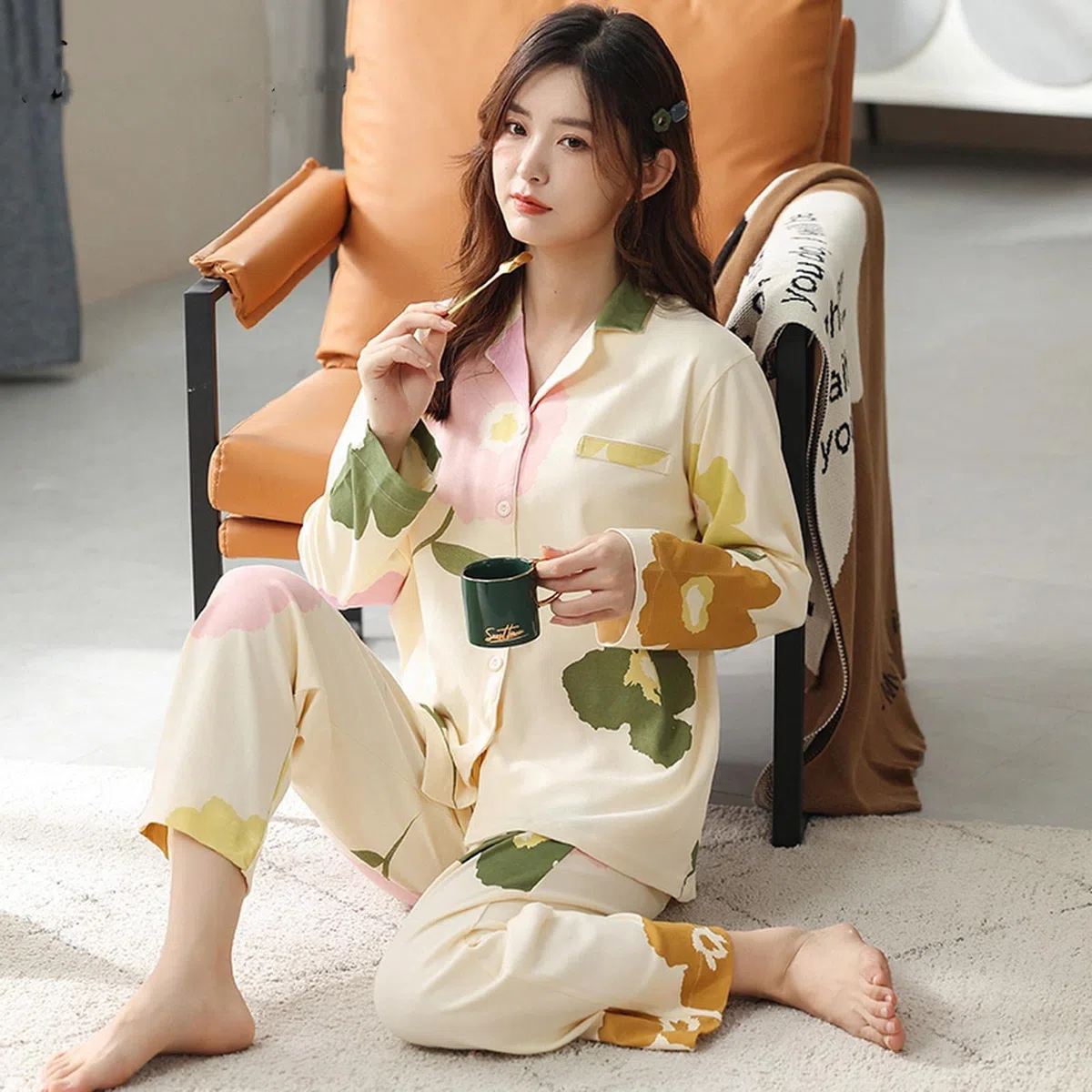 MOGSA Pijama elegante para mujer, cuello abatible, pijama floral para mujer, otoño e invierno, ropa de dormir de algodón de punto para mujer, como se muestra, talla L, 50-60 kg