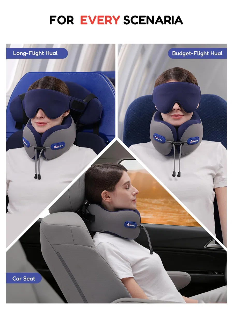 Almohada de Viaje para Cuello para Avión y Coche Neck Pillow | Con Correa de Asiento y Antifaz 3D, Soporte para Cabeza y Cuello, Espuma Viscoelástica Cómoda para Vuelos Largos, Azul Lago