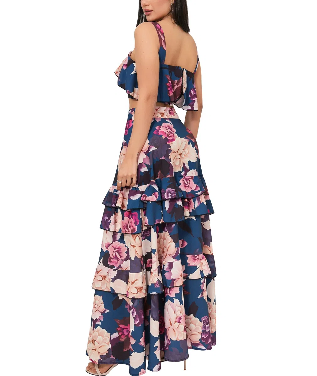 SOMTHRON Conjunto de 2 piezas de verano para mujer, vestido largo con estampado floral y falda con volantes escalonados