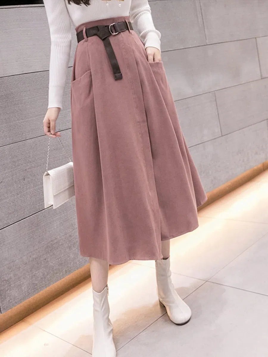 Faldas De Invierno para Mujer, Falda De Invierno Rosa para Mujer Cintura Elástica Falda Midi De Talle Alto con Bolsillos Cinturón Faldas Fruncidas Informales El(As Shown M)