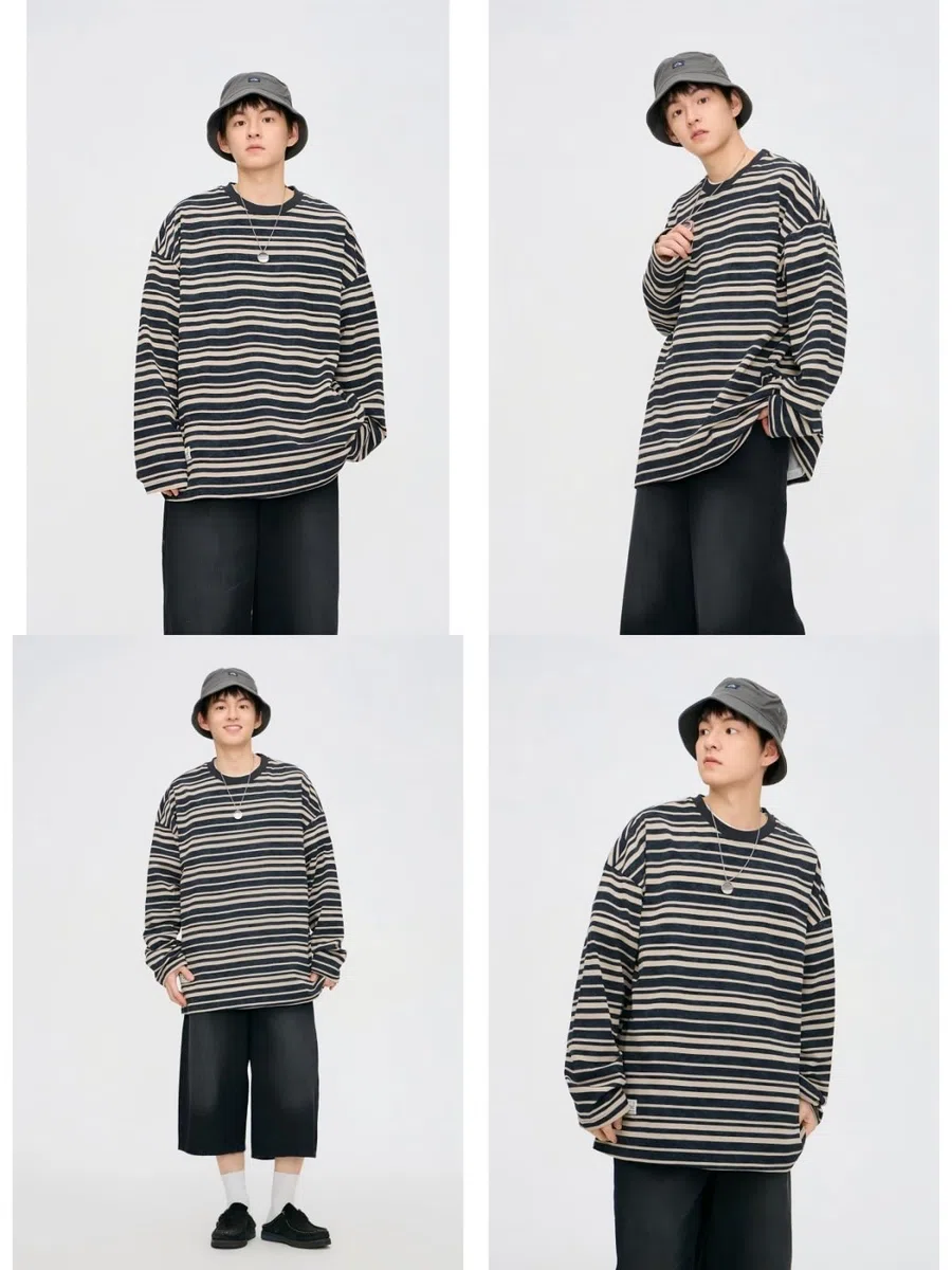 Camiseta Unisex De Algodón Pesado, Camiseta De Manga Corta Informal, Suave Y De Gran Tamaño,Básica,Camiseta A Rayas De Manga Larga, Cuello Redondo Holgado.