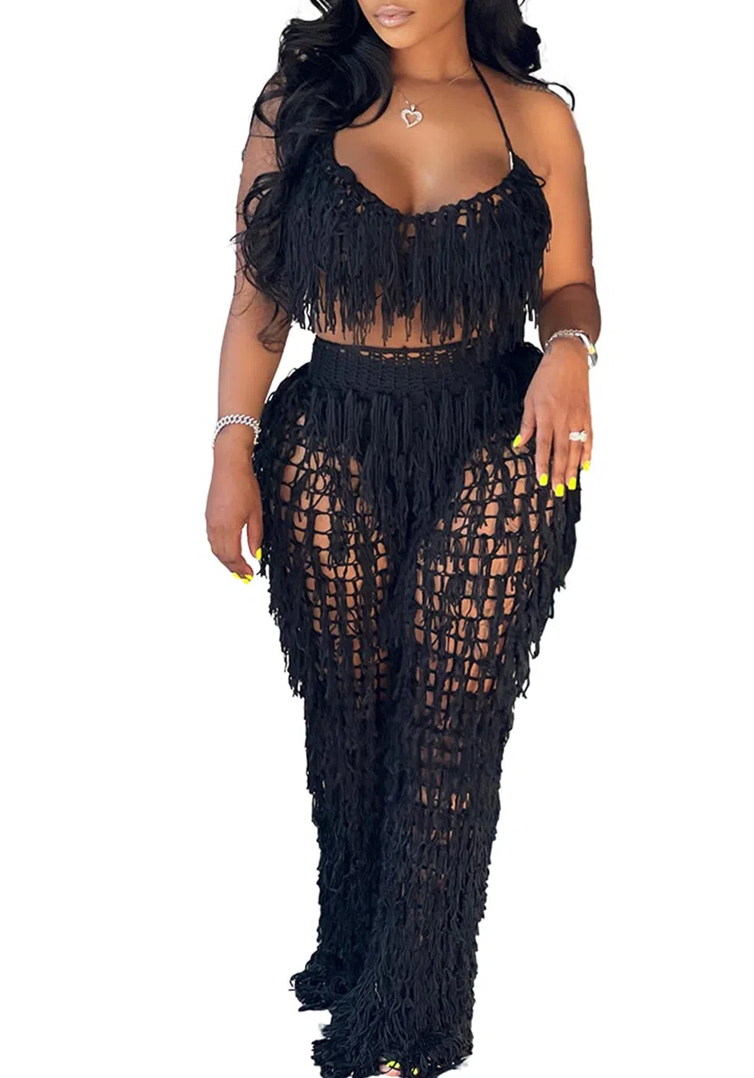 Tbahhir Conjunto de 2 piezas para mujer, sexy, de ganchillo, bikini, para playa, parte superior halter, pantalones con flecos