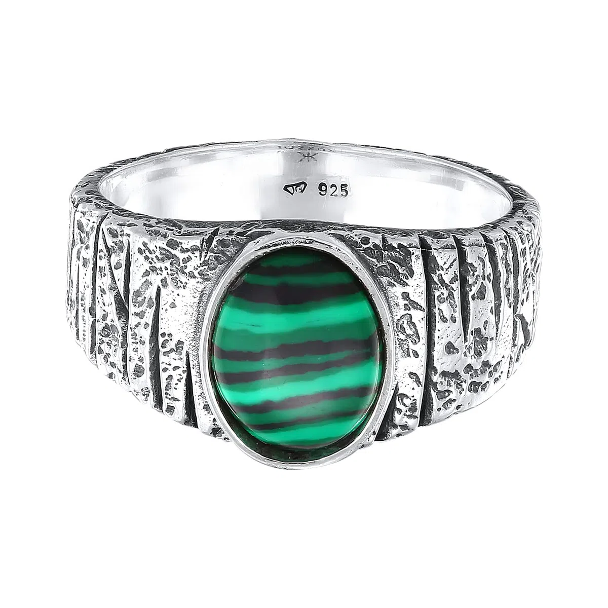 Kuzzoi Anillo para hombre ovalado con piedra preciosa de malaquita, anillo para hombres macizo (10 mm) en plata de ley 925, anillo de plata estructurada negro oxidado, tamaño 60 – 66, 0607171522