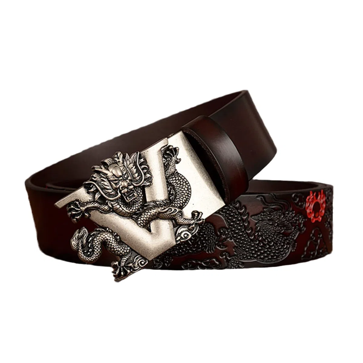 Cinturón, Trinquete de cuero genuino for hombre con hebilla automática deslizante 3D plateada, 1.38 "de ancho - ajustable(Coffee,115cm/waist:38"~40")
