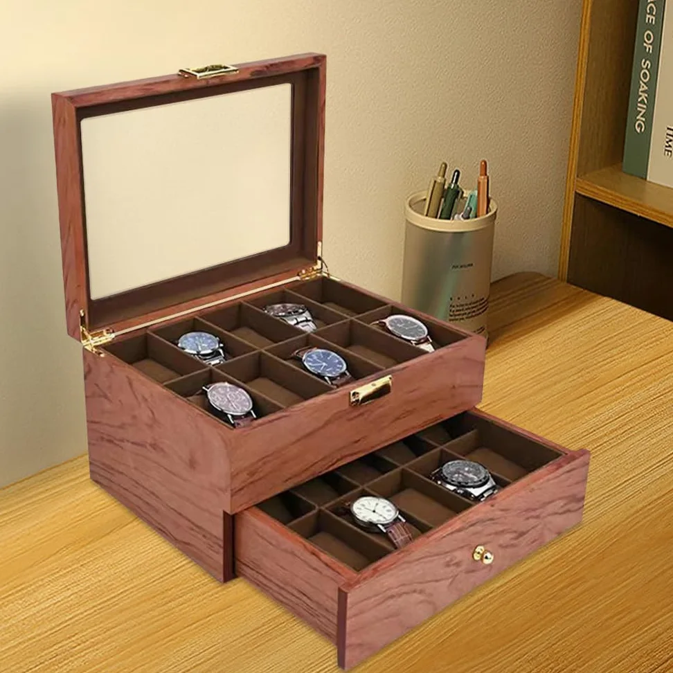 Caja para relojes con 20 compartimentos, caja de madera con tapa transparente, 29 x 21,5 x 16 cm, joyero para niñas, para relojes y joyas, regalo