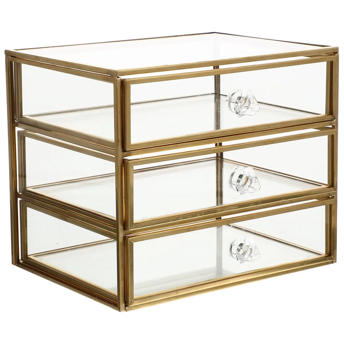 Estuche de Almacenamiento de Maquillaje Estructura de Aleación y Vidrio Diseño Transparente 3 Niveles Cajones Dorado para Joyas y Cosméticos