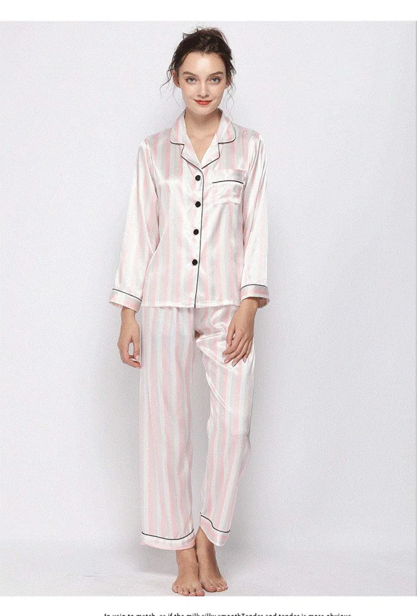 Pijamas De Mujer,Pijamas De Satén De Seda Sexy Con Cuello En V Rayas Rosas Manga Larga Con Botones Ropa De Dormir Ropa De Dormir Conjuntos De Pijamas Finos Y Suaves Ropa De Hogar Informal,Rosa,S