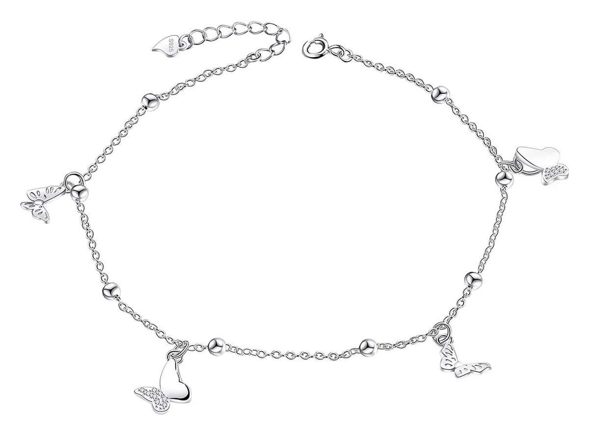 Tobillera ajustable de plata de ley 925 con diseño de mariposa, 25 cm, circonita cúbica 3A, tobillera ajustable