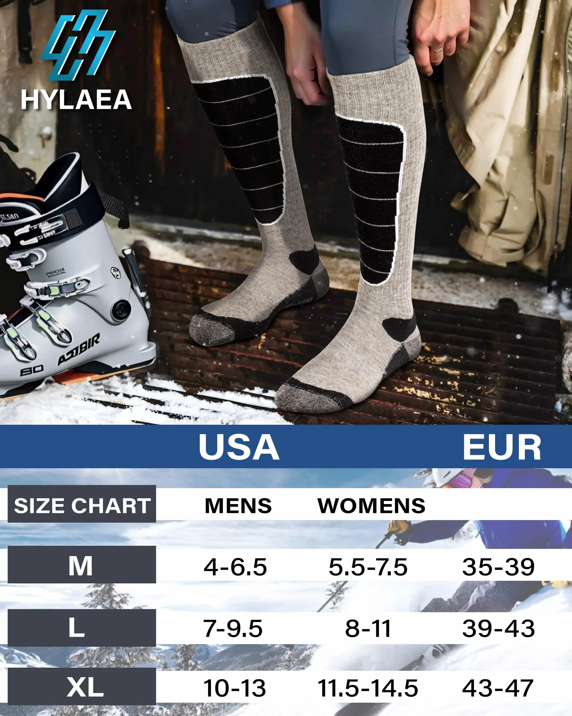 Calcetines de esquí de lana merino para snowboard, nieve, invierno, calcetines térmicos hasta la rodilla calientes, caza, deportes al aire libre (3 pares (gris negro)