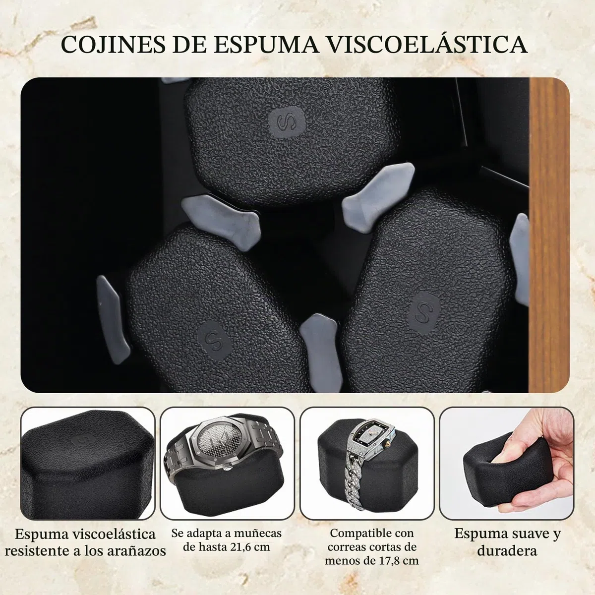 Caja Giratoria para Relojes Automáticos, Caja Giratoria con 3 Relojes Automáticos | 4 Modos de Rotación | Luz LED Azul | Almohadilla de Espuma | Vitrina de Madera, Función de Parada con Tapa Abierta