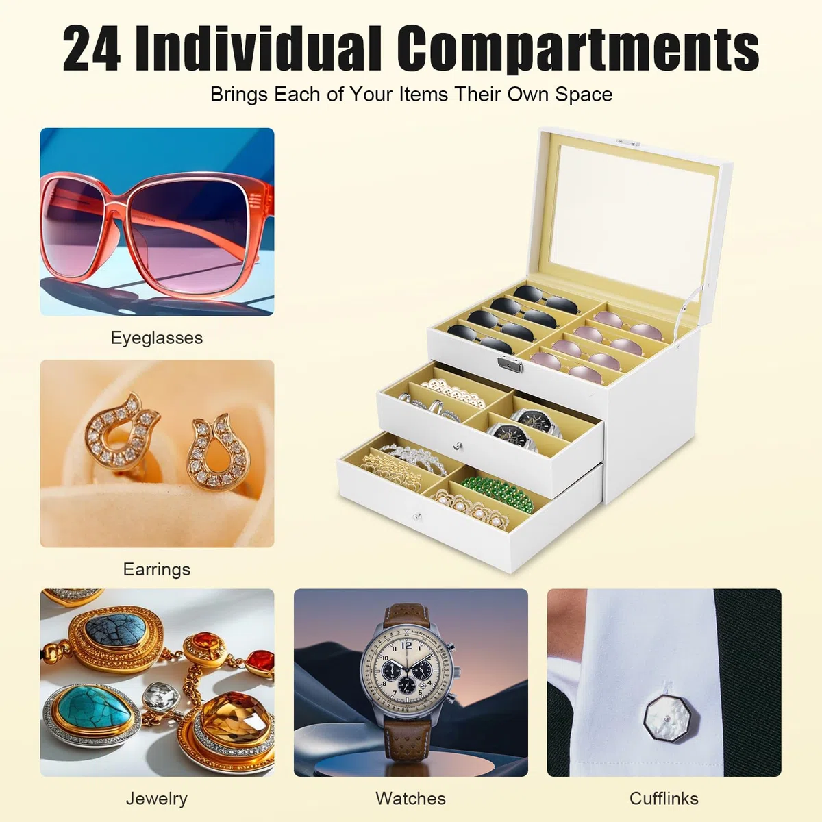 Caja para gafas, joyero, caja de gafas de 3 niveles con 24 cajones y tapa de cristal, organizador de joyas, joyero para pendientes, anillos, relojes