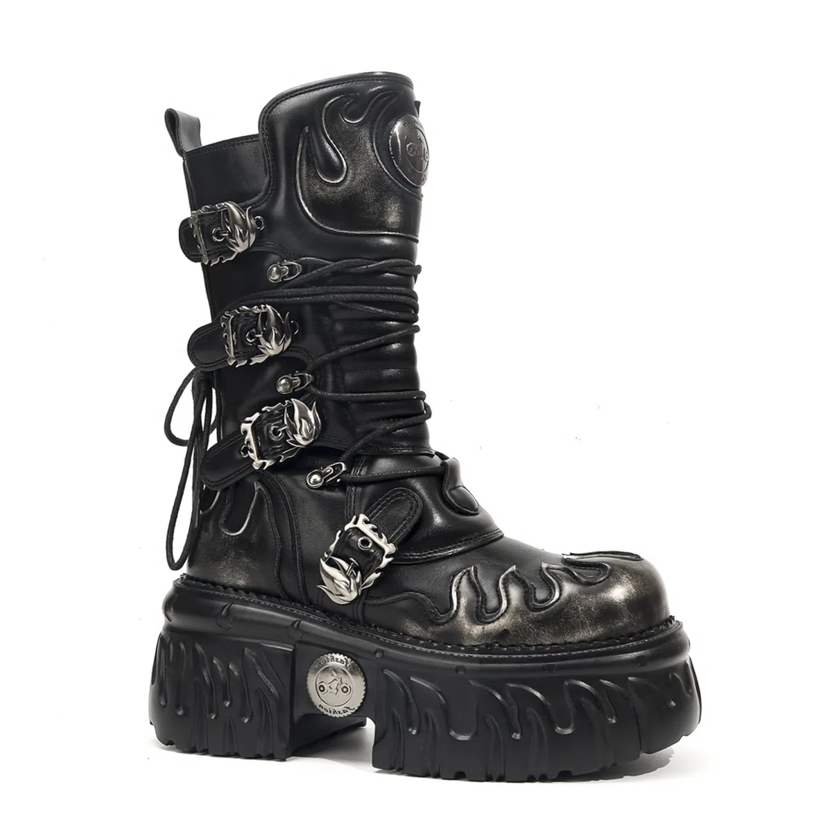 Botas Punk Góticas de Plataforma para Mujer con Diseño de Llamas, Hebillas Metálicas Cremallera Lateral – Estilo Biker Rock de Suela Gruesa