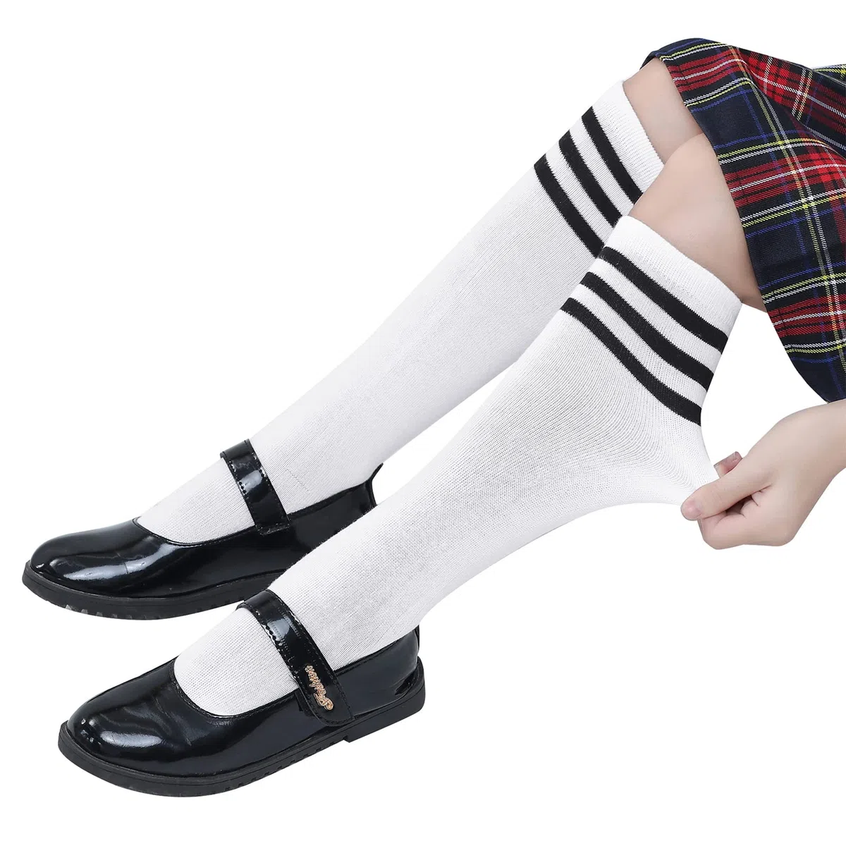 American Trends Calcetines deportivos hasta la rodilla para niños, calcetines de fútbol a rayas, calcetines de tubo para niños y niñas, 1 paquete, blanco y negro