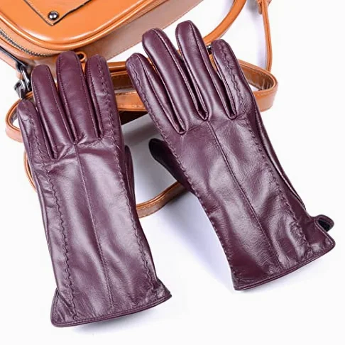 Guantes de piel para mujer, con forro grueso y cálido para pantalla táctil