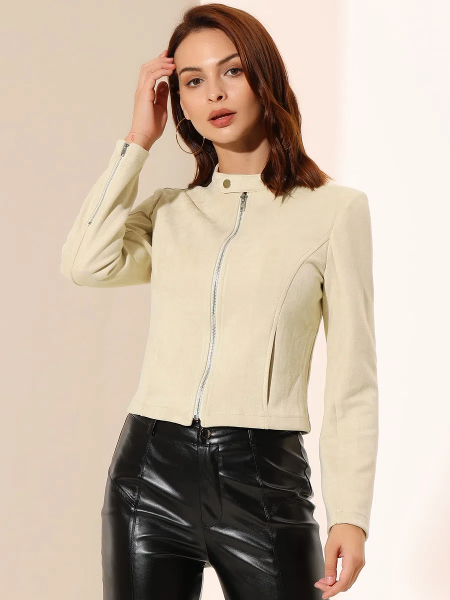 Allegra K Chaqueta de Gamuza Sintética para Mujer, Cuello Alto, Cremallera | Manga Larga, Abrigo de Motociclista