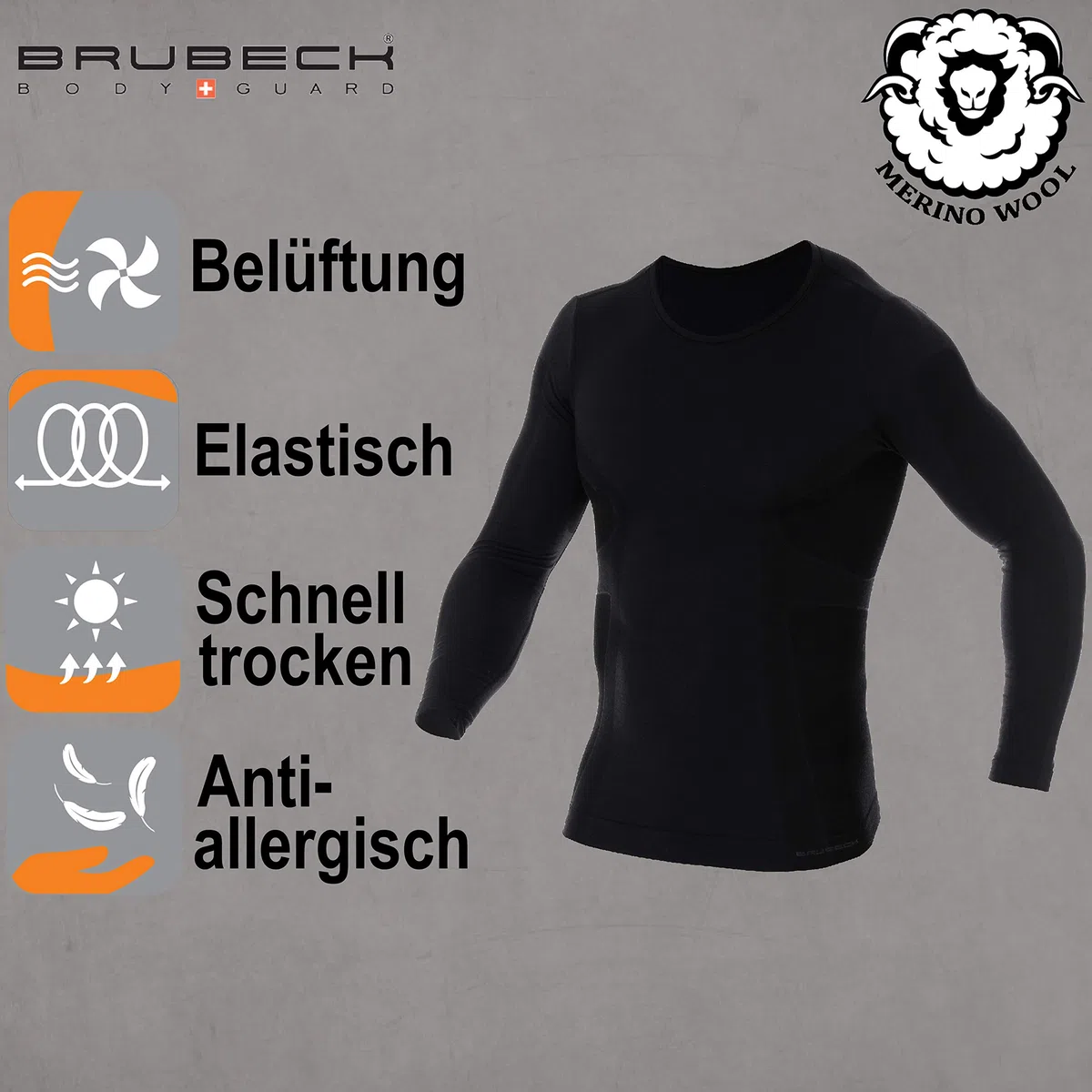 BRUBECK LS11600 - Camiseta de Manga Larga para Hombre, Transpirable, térmica, Deportes de Invierno, Exterior, Camiseta Interior Funcional, 41% Lana de Merino