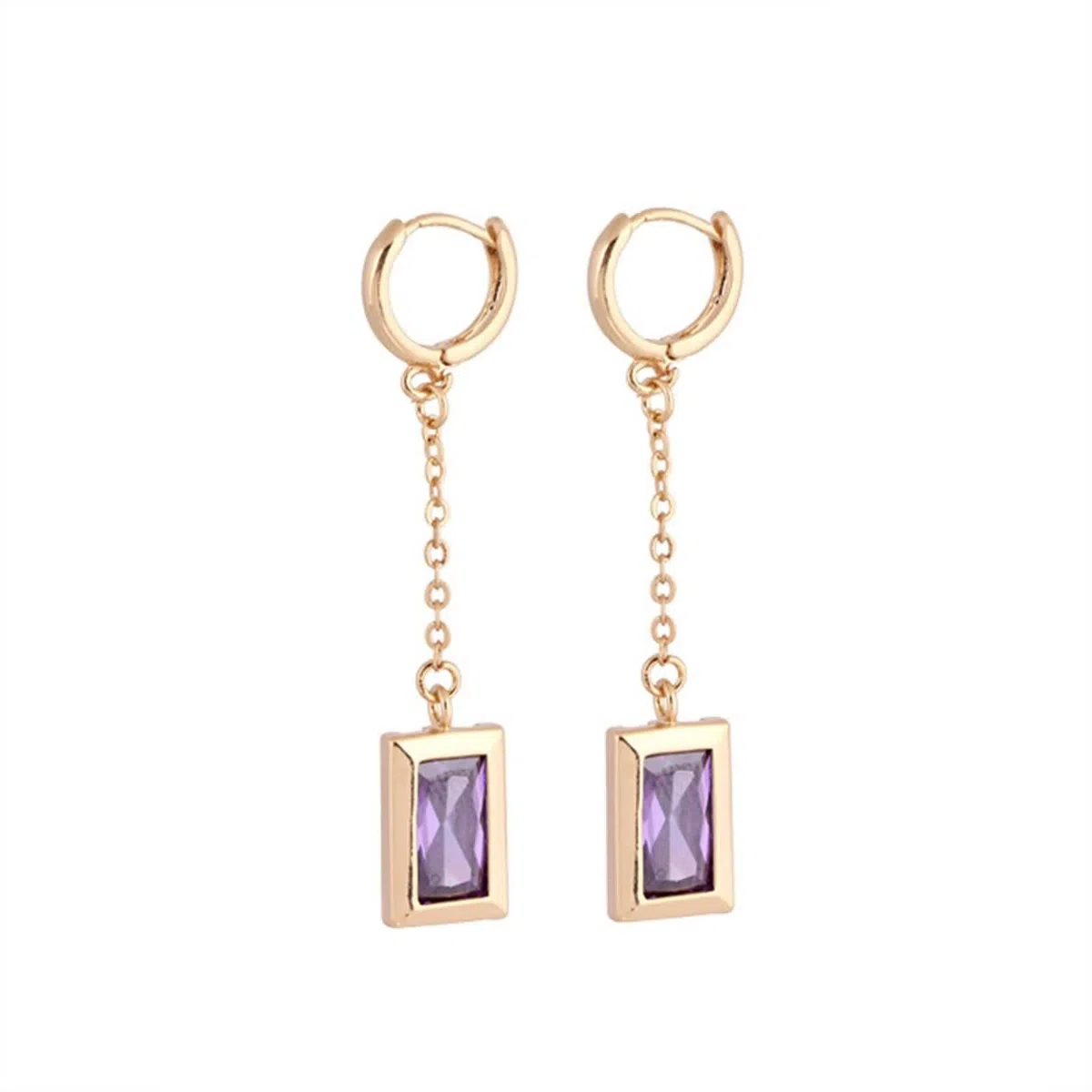 Pendientes de aro de oro amarillo Au585 de 14 quilates, para mujer, amatista morada, corte rectangular, oro de 14 quilates, pendientes pequeños de oro real