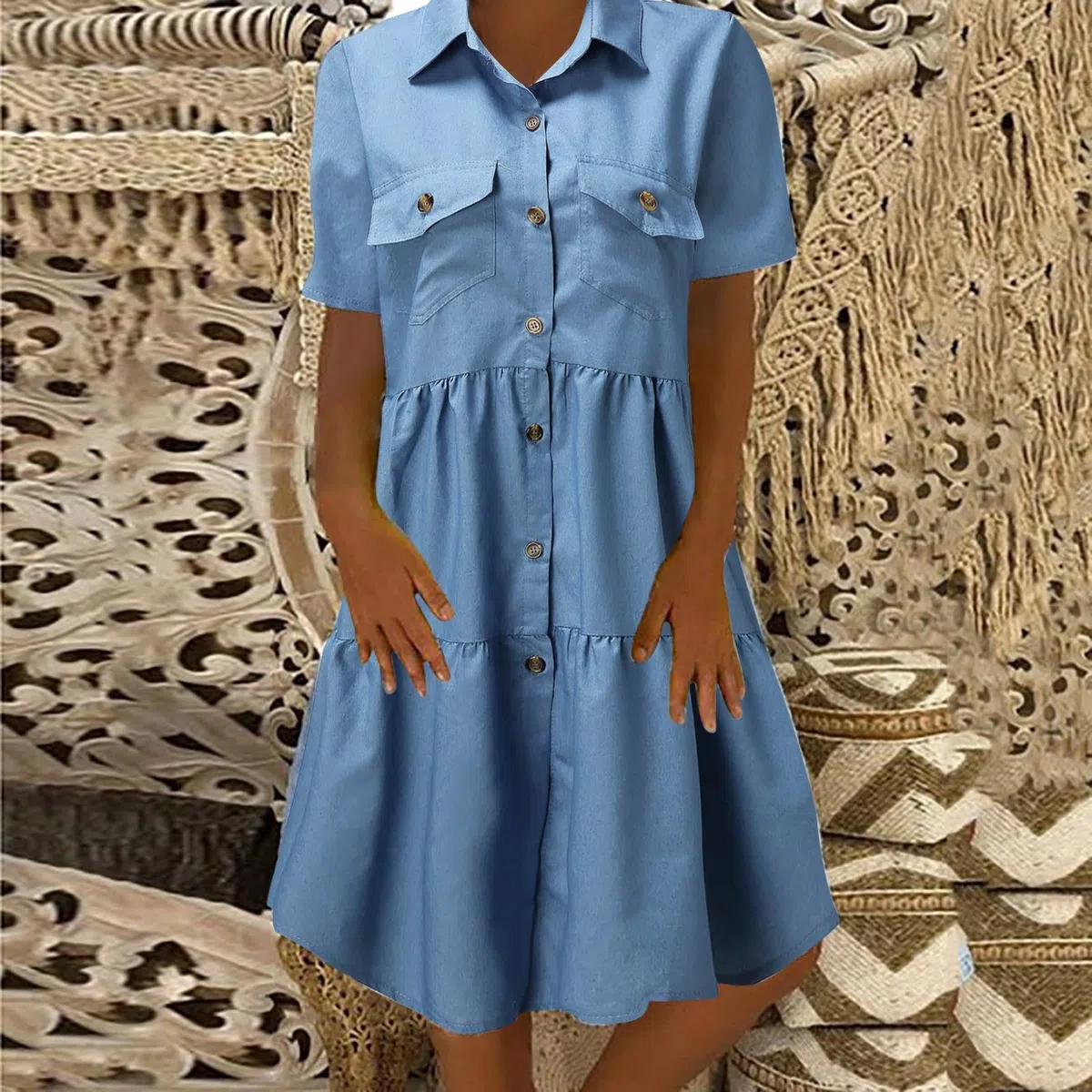 Vestido Vaquero para Mujer con pantalón Corto Informal Veraniego Manga Vuelta hacia Abajo Bolsillos Largo Suelto con Botones
