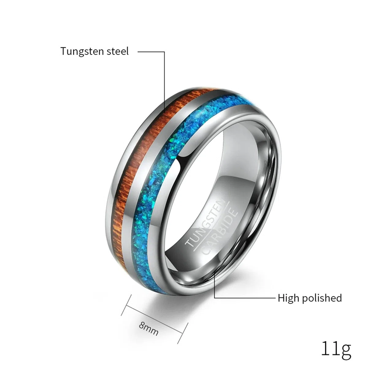 Aeici Anillo de promesa para pareja, grabado, anillo personalizable para mujer, tungsteno, anillo de plata, 8 mm, madera y ópalo, Plata