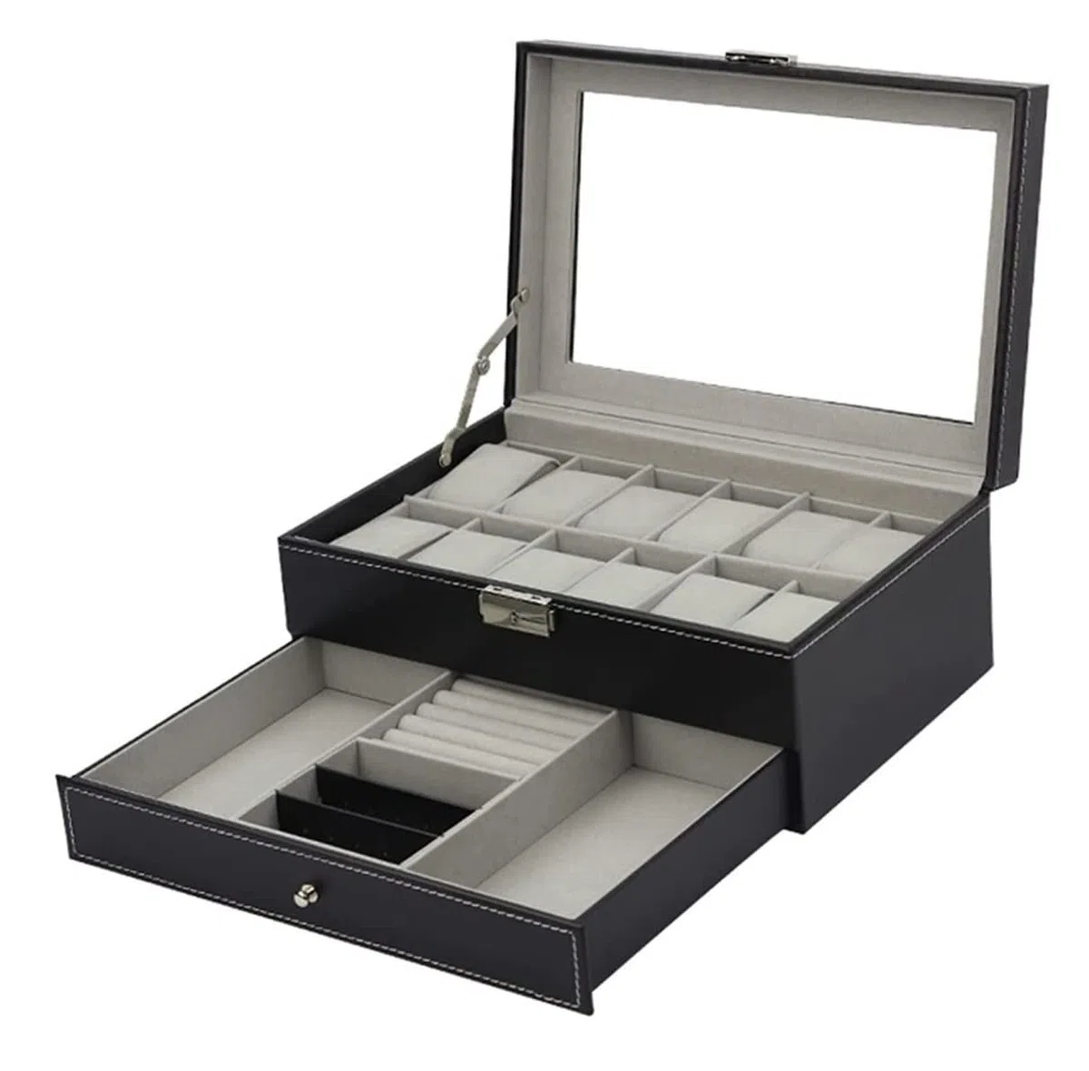 Caja De Reloj Organizador De Joyas Caja De Reloj 12 Ranuras Caja De Almacenamiento De Exhibición De Doble Capa Tapa De Vidrio con Cerradura De Metal Estuche para Relojes(Black)