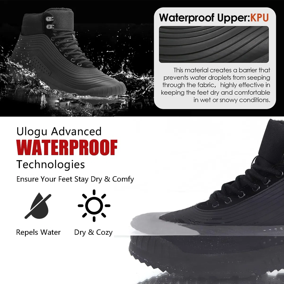 ulogu Botas de nieve para hombres y mujeres, botines aislados impermeables con forro de piel, antideslizantes, ligeros, zapatos de invierno, Negro -, 8 Women/6 Men