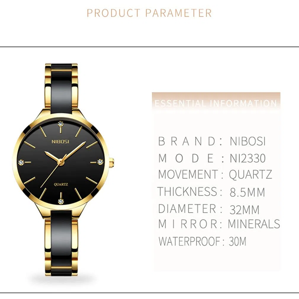 Relojes para mujer Diamond Luxury Gold Silver Señoras Femenino Clásico Moda Analógico Cuarzo Impermeable Reloj de Acero Inoxidable Luminoso Día Fecha Esposa Regalos Reloj de Pulsera NIBOSI
