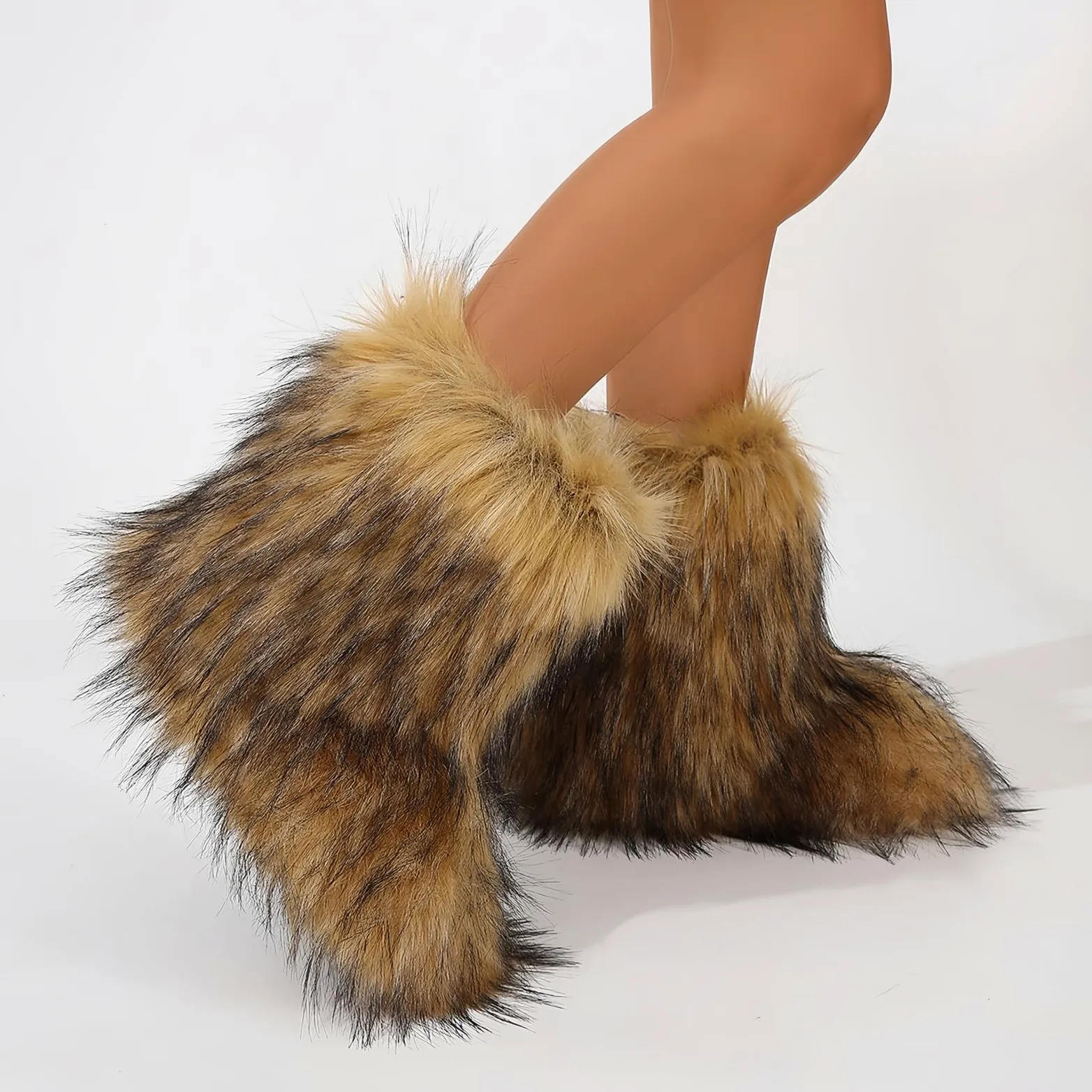 Furry Faux Fur Botas de nieve de invierno fuzzy zapatos peludos de las mujeres gamuza caliente medio ternera cómodas botas de moda planas al aire libre