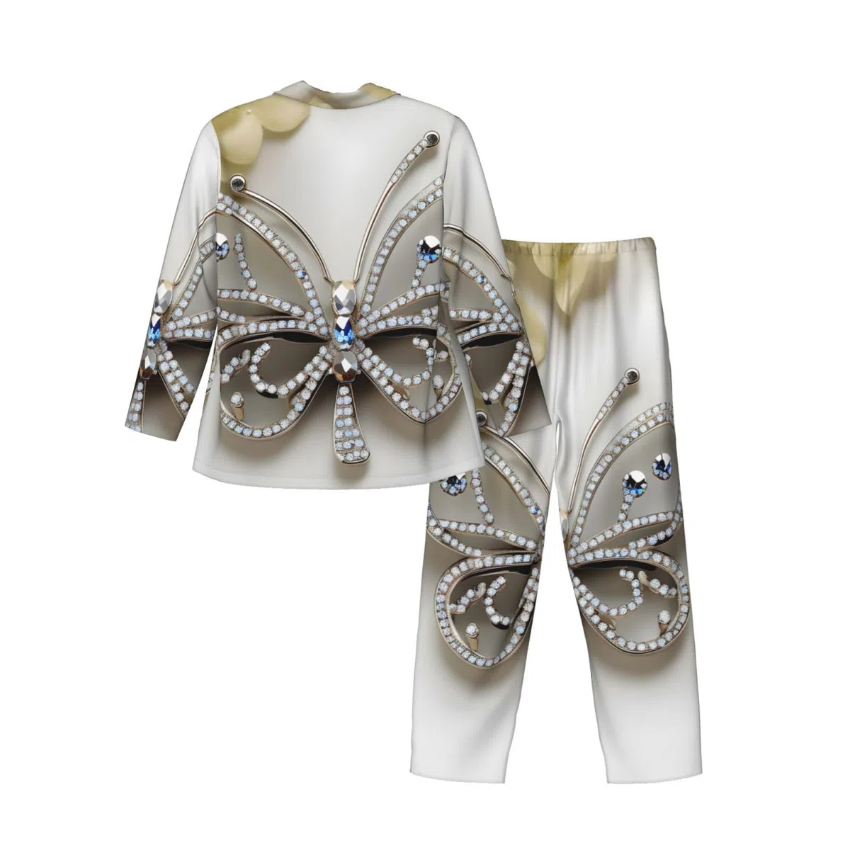 Conjunto de pijama de manga larga para hombre, diseño de mariposa y flores con diamantes de imitación, transpirable, cómodo