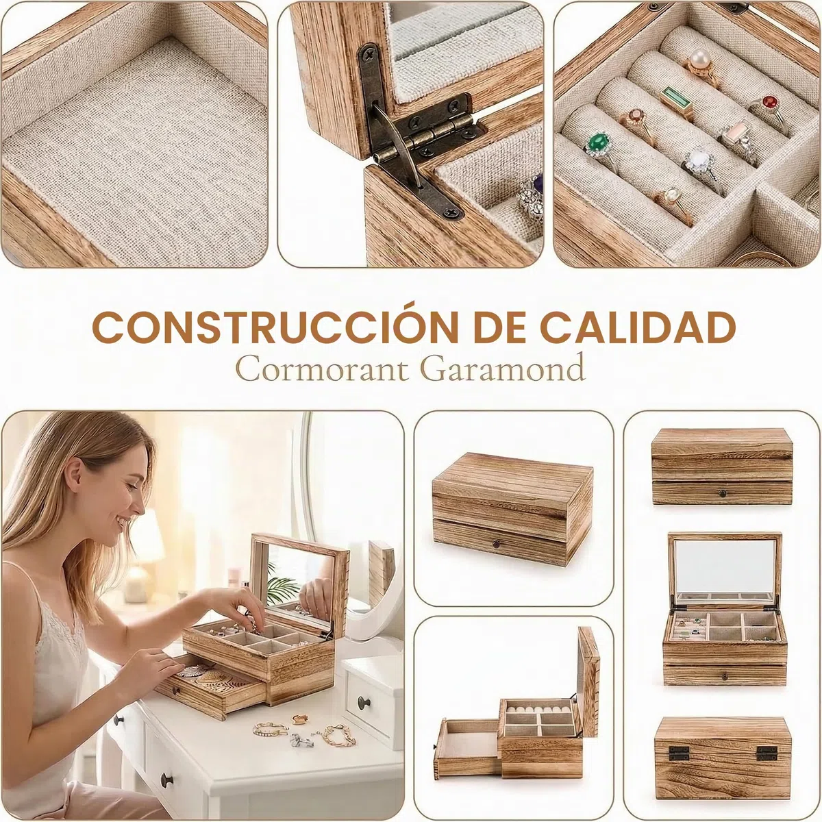 Tebery Caja Organizadora de Joyas de Madera Rústica con Espejo para Mujeres y Niñas, Caja de Almacenamiento de Joyas Vintage de 2 Capas con Bandeja para Anillos, Collares, Aretes, Pulseras (Madera