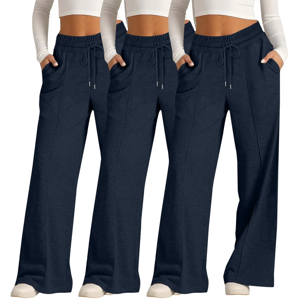 Paquete de 3 pantalones de pierna ancha para mujer, pantalones deportivos holgados de cintura alta, pantalones de trabajo elásticos, pantalones palazzo de ajuste holgado, con bolsillos y cordón