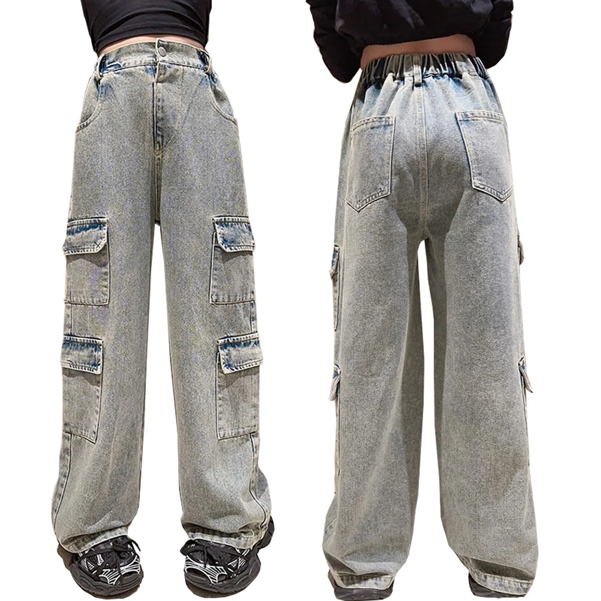 Pantalones de mezclilla para niñas de 4 a 14 años, estilo cargo, rasgados, desgastados, cintura elástica, pantalones holgados