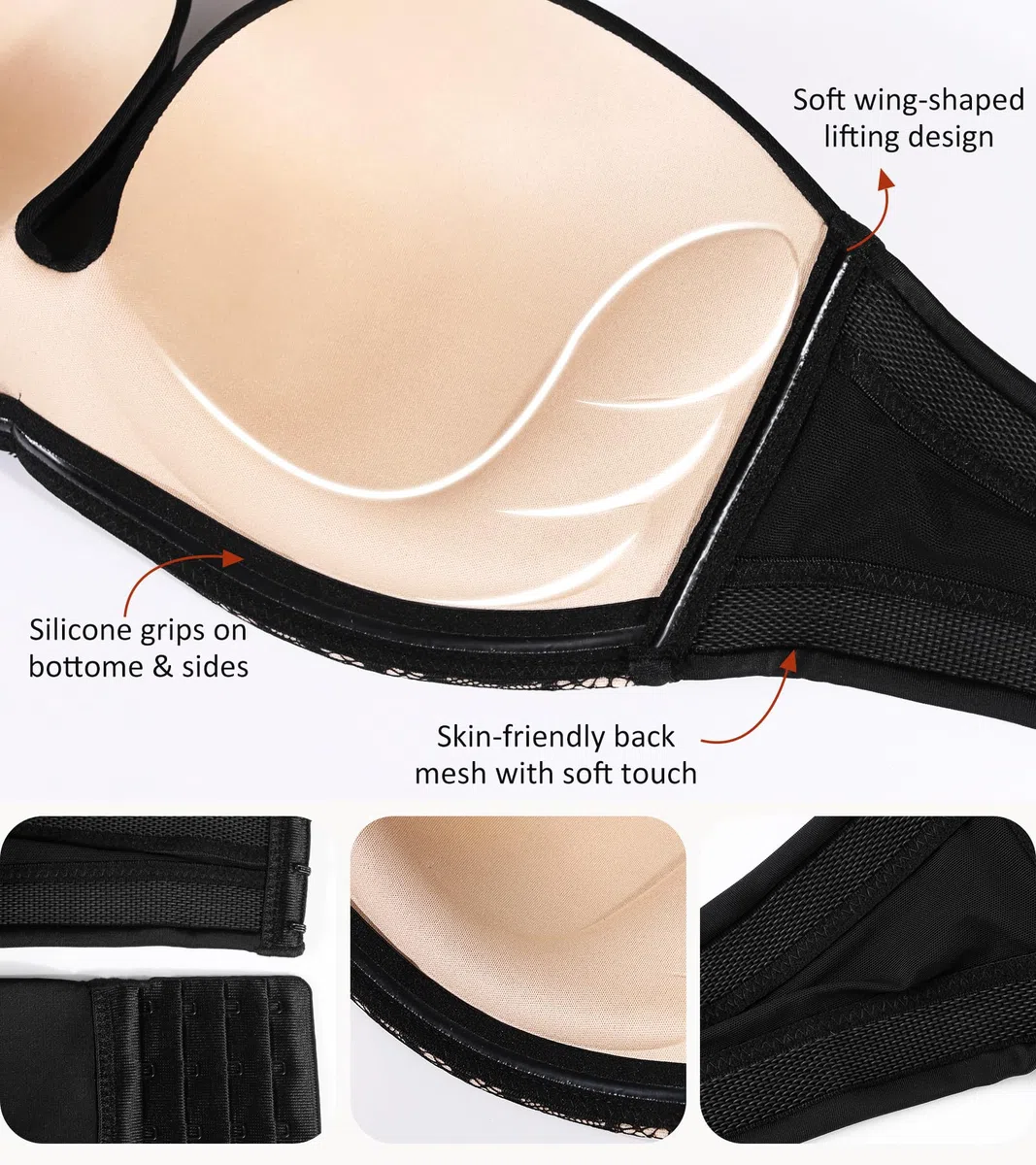 Lemorosy Brasier sin Tirantes para Mujer, sin Varillas, con Relleno, Antideslizante, Invisible, sin Tirantes, Negro -, 95C